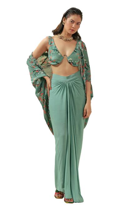 Coeur Green Natural Crepe Print Florence V Kaze Shrug Draped Skirt Set at Aza Fashions Coeur_Green Natural Crepe Print Florence V Kaze Shrug Draped Skirt Set _at_Aza_Fashions