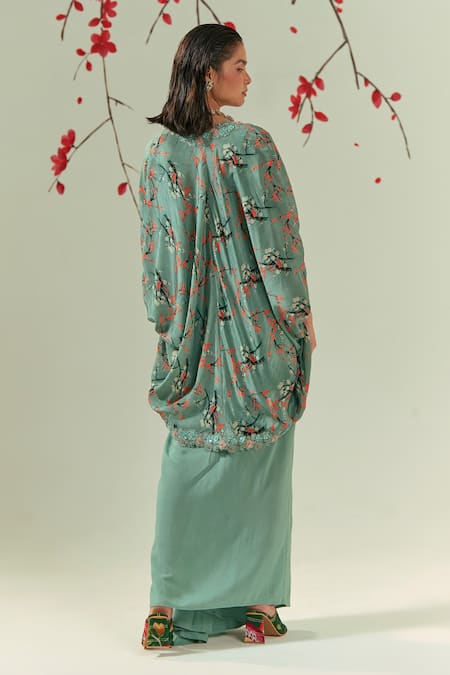 Shop Coeur Green Natural Crepe Print Florence V Kaze Shrug Draped Skirt Set at Aza Fashions Shop_Coeur_Green Natural Crepe Print Florence V Kaze Shrug Draped Skirt Set _at_Aza_Fashions
