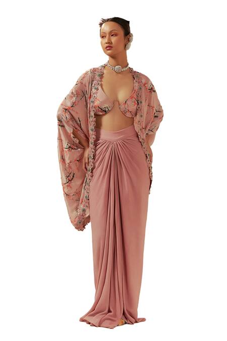 Coeur Peach Natural Crepe Print Florence V Mizu Shrug Draped Skirt Set Online at Aza Fashions Coeur_Peach Natural Crepe Print Florence V Mizu Shrug Draped Skirt Set _Online_at_Aza_Fashions