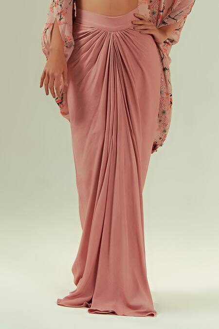 Buy Coeur Peach Natural Crepe Print Florence V Mizu Shrug Draped Skirt Set Online at Aza Fashions Buy_Coeur_Peach Natural Crepe Print Florence V Mizu Shrug Draped Skirt Set _Online_at_Aza_Fashions
