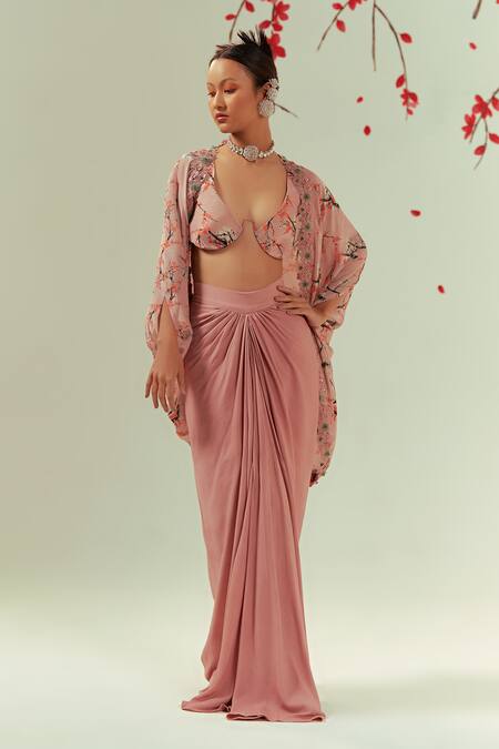 Shop Coeur Peach Natural Crepe Print Florence V Mizu Shrug Draped Skirt Set Online at Aza Fashions Shop_Coeur_Peach Natural Crepe Print Florence V Mizu Shrug Draped Skirt Set _Online_at_Aza_Fashions