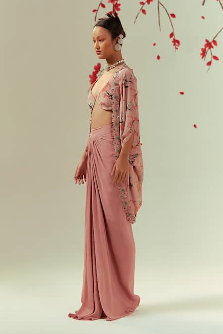 Shop Coeur Peach Natural Crepe Print Florence V Mizu Shrug Draped Skirt Set at Aza Fashions Shop_Coeur_Peach Natural Crepe Print Florence V Mizu Shrug Draped Skirt Set _at_Aza_Fashions