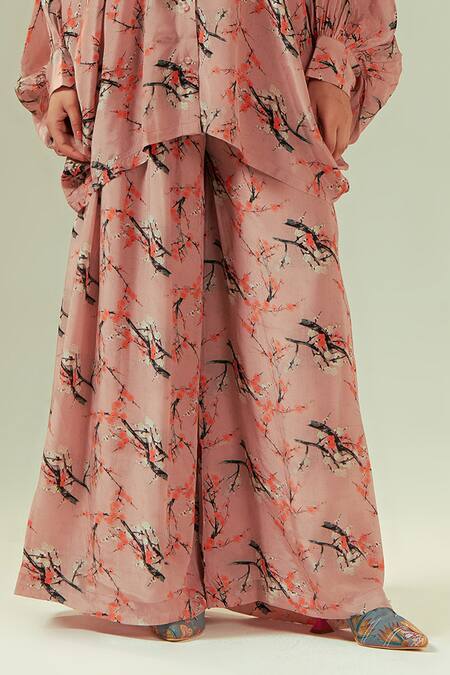 Coeur_Peach Natural Crepe Print Florence Collar Neck Floral Shirt And Flared Pant Set _Online_at_Aza_Fashions