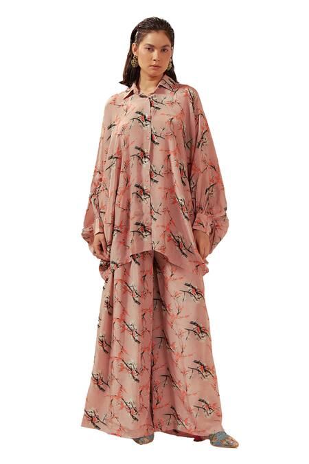 Buy_Coeur_Peach Natural Crepe Print Florence Collar Neck Floral Shirt And Flared Pant Set _Online_at_Aza_Fashions