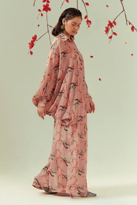 Shop_Coeur_Peach Natural Crepe Print Florence Collar Neck Floral Shirt And Flared Pant Set _Online_at_Aza_Fashions