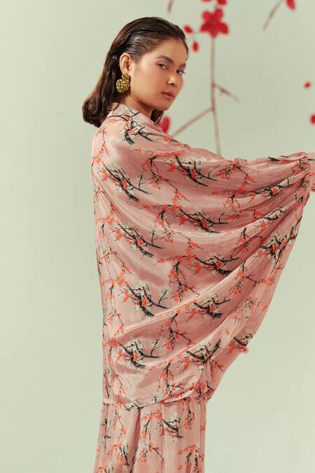 Coeur_Peach Natural Crepe Print Florence Collar Neck Floral Shirt And Flared Pant Set _at_Aza_Fashions