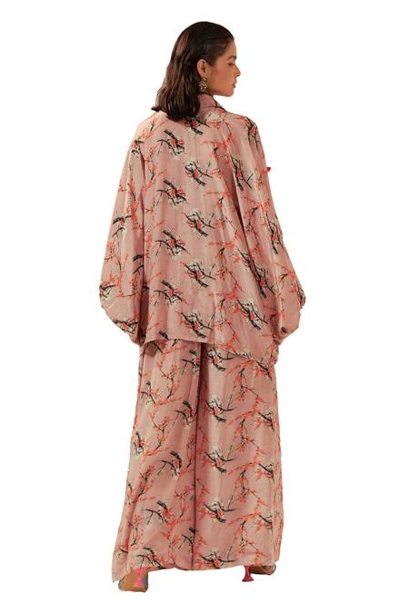 Buy_Coeur_Peach Natural Crepe Print Florence Collar Neck Floral Shirt And Flared Pant Set 