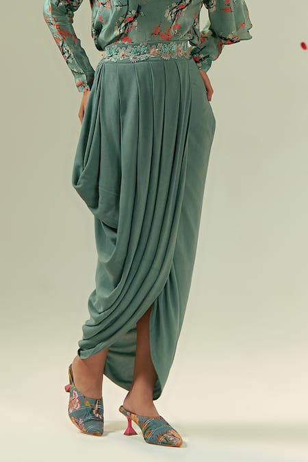 Coeur Green Natural Crepe Print Gardenia Boat Kaze Top With Pleated Draped Skirt Online at Aza Fashions Coeur_Green Natural Crepe Print Gardenia Boat Kaze Top With Pleated Draped Skirt _Online_at_Aza_Fashions