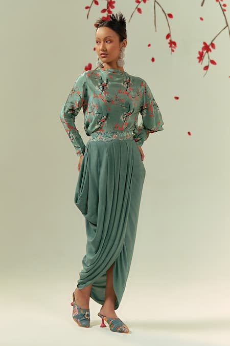Buy Coeur Green Natural Crepe Print Gardenia Boat Kaze Top With Pleated Draped Skirt Online at Aza Fashions Buy_Coeur_Green Natural Crepe Print Gardenia Boat Kaze Top With Pleated Draped Skirt _Online_at_Aza_Fashions