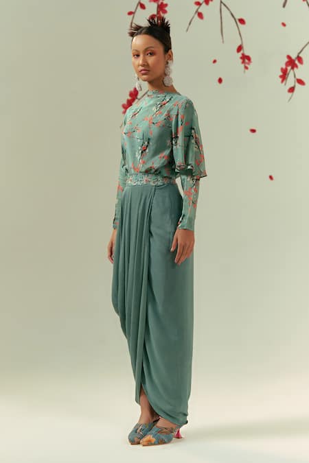 Shop Coeur Green Natural Crepe Print Gardenia Boat Kaze Top With Pleated Draped Skirt Online at Aza Fashions Shop_Coeur_Green Natural Crepe Print Gardenia Boat Kaze Top With Pleated Draped Skirt _Online_at_Aza_Fashions