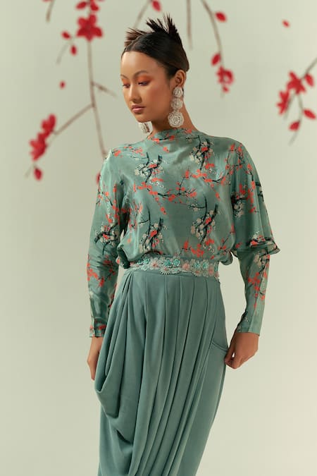 Coeur Green Natural Crepe Print Gardenia Boat Kaze Top With Pleated Draped Skirt at Aza Fashions Coeur_Green Natural Crepe Print Gardenia Boat Kaze Top With Pleated Draped Skirt _at_Aza_Fashions