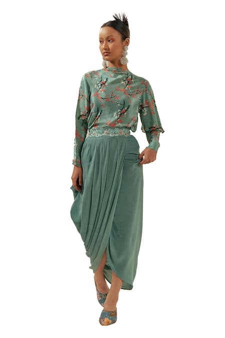 Buy Coeur Green Natural Crepe Print Gardenia Boat Kaze Top With Pleated Draped Skirt Buy_Coeur_Green Natural Crepe Print Gardenia Boat Kaze Top With Pleated Draped Skirt