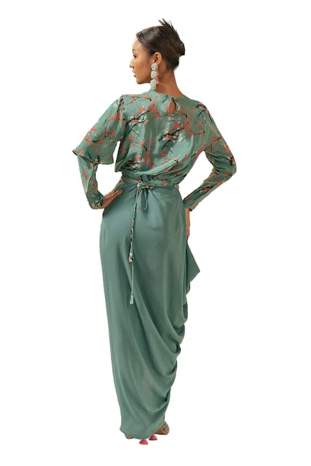 Shop Coeur Green Natural Crepe Print Gardenia Boat Kaze Top With Pleated Draped Skirt Shop_Coeur_Green Natural Crepe Print Gardenia Boat Kaze Top With Pleated Draped Skirt