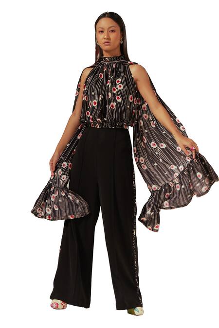 Buy Coeur Black Natural Crepe Print Sakura Halter Neck Wing Sleeves Top With Flared Pant Online at Aza Fashions Buy_Coeur_Black Natural Crepe Print Sakura Halter Neck Wing Sleeves Top With Flared Pant _Online_at_Aza_Fashions