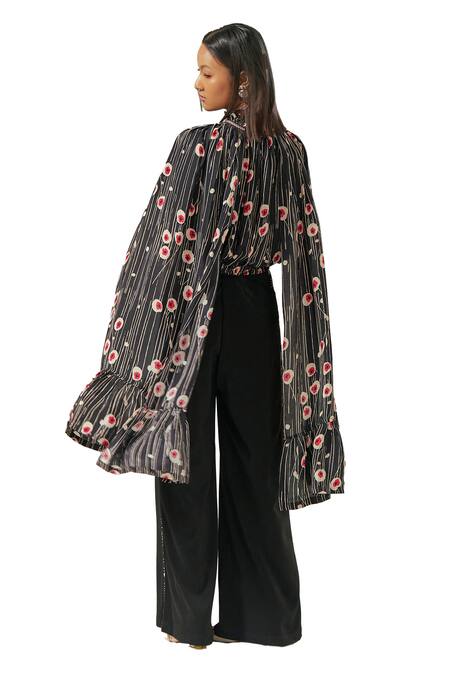 Buy Coeur Black Natural Crepe Print Sakura Halter Neck Wing Sleeves Top With Flared Pant Buy_Coeur_Black Natural Crepe Print Sakura Halter Neck Wing Sleeves Top With Flared Pant
