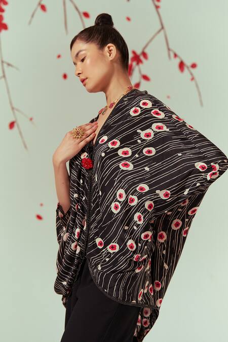 Coeur Black Natural Crepe Print Sakura V Neck Blossom Cape Top With Sharara Pant at Aza Fashions Coeur_Black Natural Crepe Print Sakura V Neck Blossom Cape Top With Sharara Pant _at_Aza_Fashions