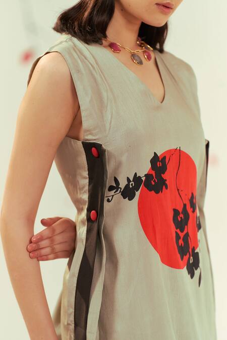 Shop_Coeur_Green Bamboo, Silk V-neck Yugen Ikigai Blossom Print Tunic Top With Pant_Online_at_Aza_Fashions