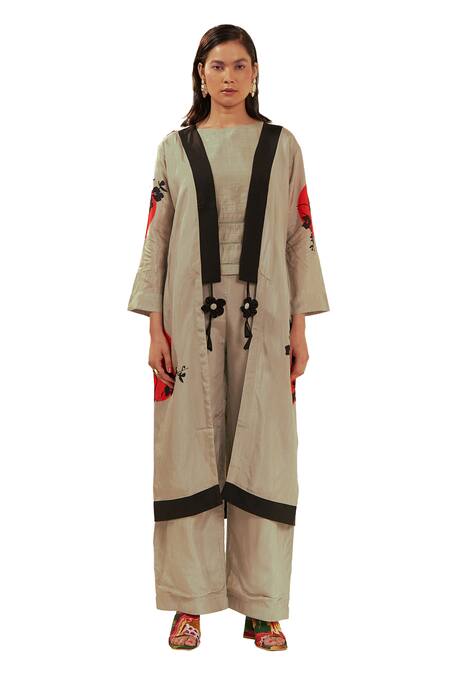 Coeur Green Bamboo Silk Print Ikigai Boat Yugen Art Jacket Flared Pant Set Online at Aza Fashions Coeur_Green Bamboo Silk Print Ikigai Boat Yugen Art Jacket Flared Pant Set _Online_at_Aza_Fashions