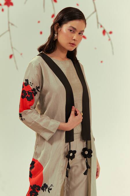 Coeur Green Bamboo Silk Print Ikigai Boat Yugen Art Jacket Flared Pant Set at Aza Fashions Coeur_Green Bamboo Silk Print Ikigai Boat Yugen Art Jacket Flared Pant Set _at_Aza_Fashions