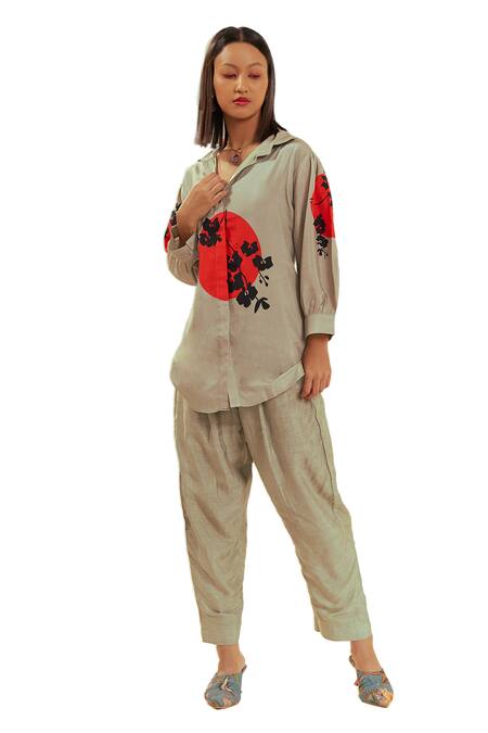 Coeur Green Bamboo Silk Print Ikigai Spread Collar Shirt And Pant Set Online at Aza Fashions Coeur_Green Bamboo Silk Print Ikigai Spread Collar Shirt And Pant Set _Online_at_Aza_Fashions