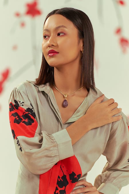 Shop Coeur Green Bamboo Silk Print Ikigai Spread Collar Shirt And Pant Set at Aza Fashions Shop_Coeur_Green Bamboo Silk Print Ikigai Spread Collar Shirt And Pant Set _at_Aza_Fashions