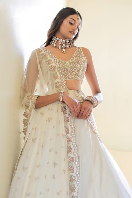 Buy_Foram Patel_Cream Organza, Net Mirrors, Embroidery V-neck Blouse Flared Lehenga Set_Online_at_Aza_Fashions