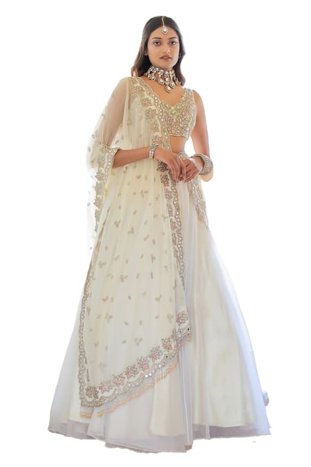 Shop_Foram Patel_Cream Organza, Net Mirrors, Embroidery V-neck Blouse Flared Lehenga Set_Online_at_Aza_Fashions