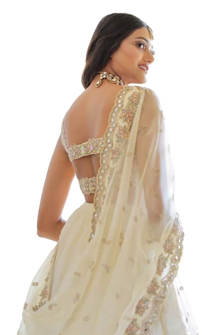 Buy_Foram Patel_Cream Organza, Net Mirrors, Embroidery V-neck Blouse Flared Lehenga Set
