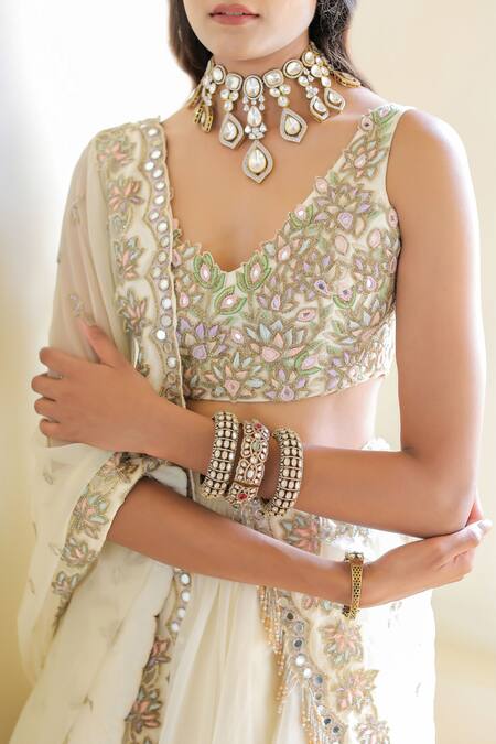 Shop_Foram Patel_Cream Organza, Net Mirrors, Embroidery V-neck Blouse Flared Lehenga Set