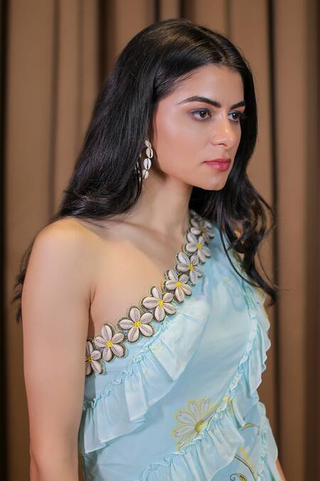 Foram Patel Blue Georgette, Linen Embroidery One Shoulder Ruffled Dress at Aza Fashions Foram Patel_Blue Georgette, Linen Embroidery One Shoulder Ruffled Dress_at_Aza_Fashions