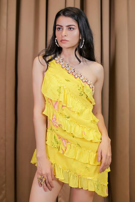 Shop_Foram Patel_Yellow Georgette, Linen Embroidery One Shoulder Cowrie Shell Dress_Online_at_Aza_Fashions
