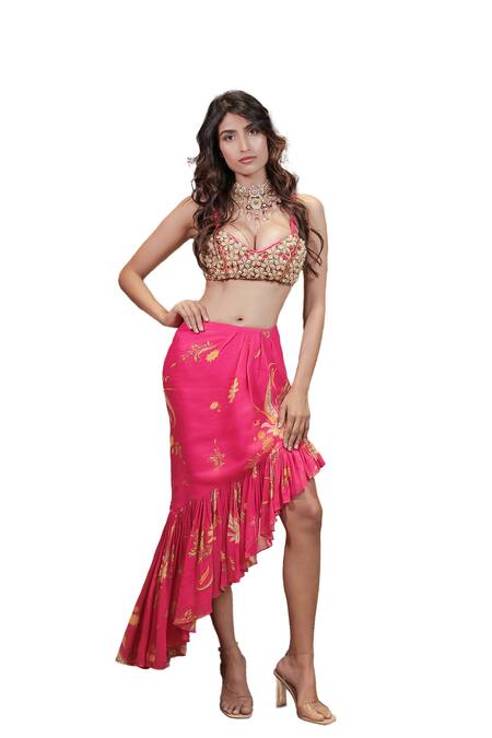 Foram Patel_Pink Net, Georgette Embroidery, Ruffles Bralette And Asymmetric Skirt Set_Online_at_Aza_Fashions