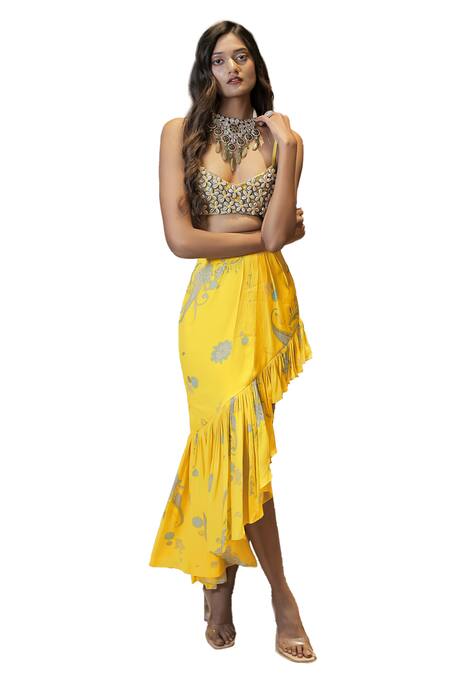 Foram Patel_Yellow Net, Georgette Embroidery Cowrie Shell Bralette And Draped Skirt Set_Online_at_Aza_Fashions