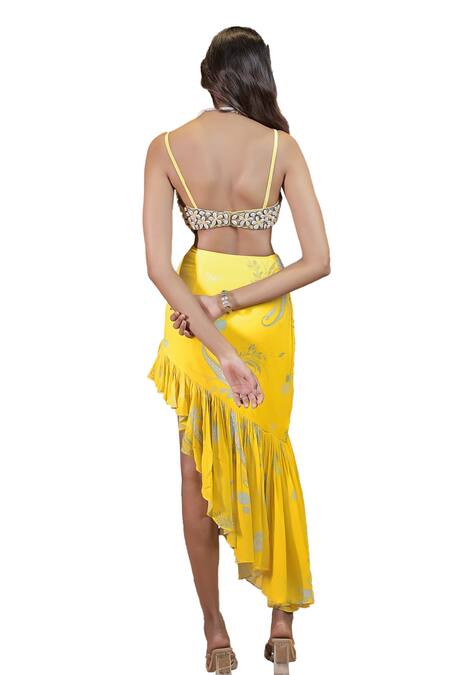 Buy_Foram Patel_Yellow Net, Georgette Embroidery Cowrie Shell Bralette And Draped Skirt Set_Online_at_Aza_Fashions