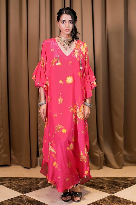 Buy Foram Patel Pink Crepe V-neck Floral And Paisley Print Kaftan With Inner Online at Aza Fashions Buy_Foram Patel_Pink Crepe V-neck Floral And Paisley Print Kaftan With Inner_Online_at_Aza_Fashions