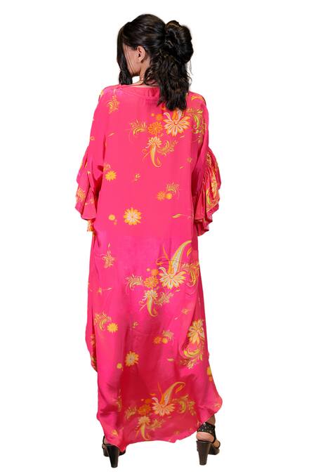 Foram Patel Pink Crepe V-neck Floral And Paisley Print Kaftan With Inner at Aza Fashions Foram Patel_Pink Crepe V-neck Floral And Paisley Print Kaftan With Inner_at_Aza_Fashions