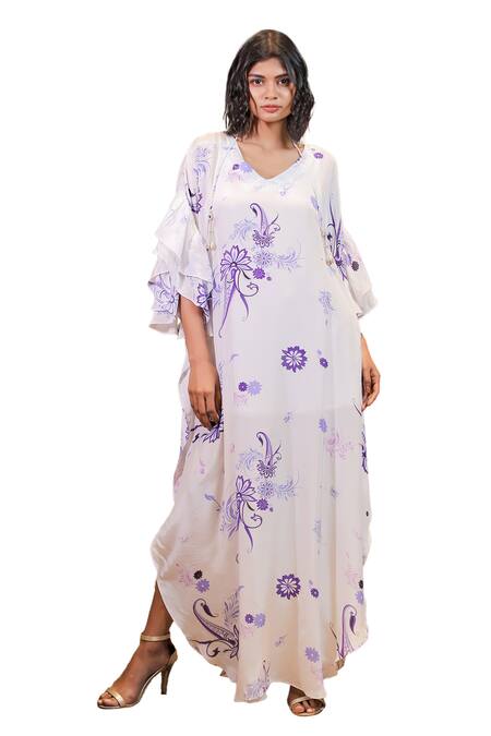 Buy Foram Patel White Crepe Embroidery V-neck Paisley And Floral Print Kaftan Online at Aza Fashions Buy_Foram Patel_White Crepe Embroidery V-neck Paisley And Floral Print Kaftan_Online_at_Aza_Fashions