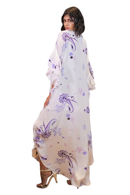 Buy Foram Patel White Crepe Embroidery V-neck Paisley And Floral Print Kaftan Buy_Foram Patel_White Crepe Embroidery V-neck Paisley And Floral Print Kaftan