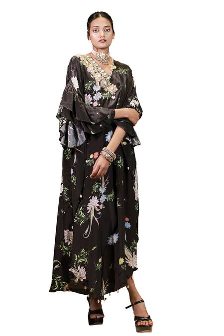 Foram Patel_Black Crepe Embroidery V-neck Floral Print Kaftan With Inner_Online_at_Aza_Fashions