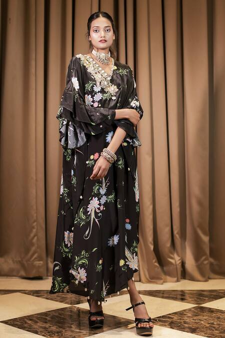 Buy_Foram Patel_Black Crepe Embroidery V-neck Floral Print Kaftan With Inner_Online_at_Aza_Fashions