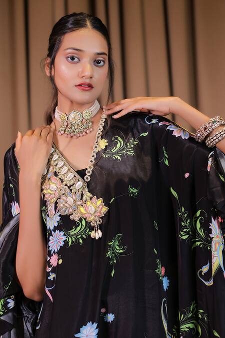 Foram Patel_Black Crepe Embroidery V-neck Floral Print Kaftan With Inner_at_Aza_Fashions