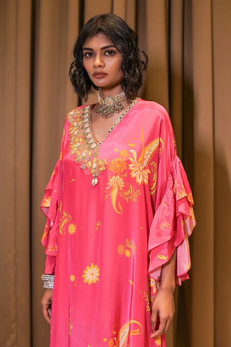 Foram Patel Pink Crepe Mirrors, Embroidery V-neck And Shell Kaftan With Inner Online at Aza Fashions Foram Patel_Pink Crepe Mirrors, Embroidery V-neck And Shell Kaftan With Inner_Online_at_Aza_Fashions