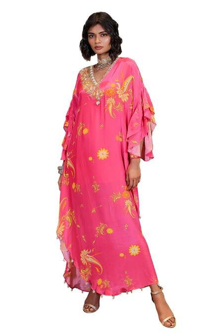 Buy Foram Patel Pink Crepe Mirrors, Embroidery V-neck And Shell Kaftan With Inner Online at Aza Fashions Buy_Foram Patel_Pink Crepe Mirrors, Embroidery V-neck And Shell Kaftan With Inner_Online_at_Aza_Fashions