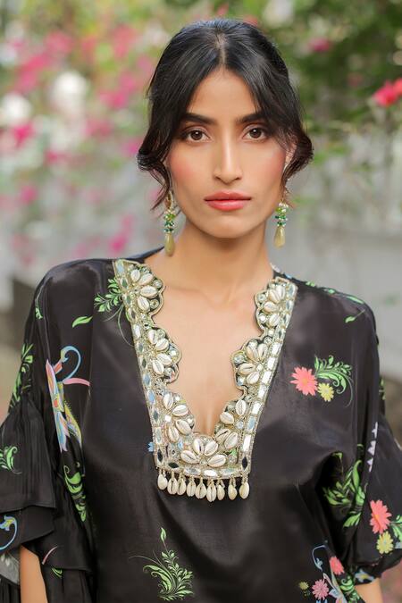 Foram Patel_Black Linen, Crepe Embroidery V-neck Shell Ruffled Kurta Pant Set_Online_at_Aza_Fashions