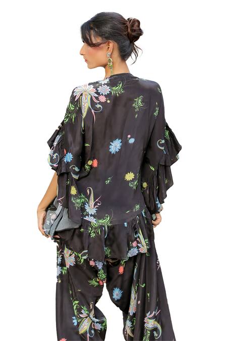 Buy_Foram Patel_Black Linen, Crepe Embroidery V-neck Shell Ruffled Kurta Pant Set_Online_at_Aza_Fashions