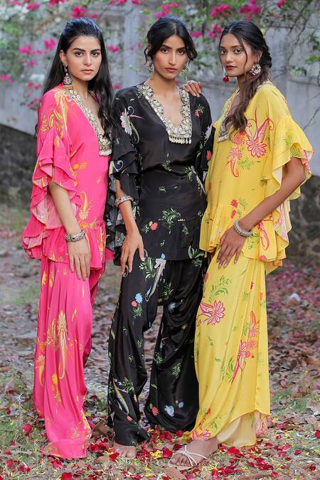 Shop_Foram Patel_Black Linen, Crepe Embroidery V-neck Shell Ruffled Kurta Pant Set_Online_at_Aza_Fashions