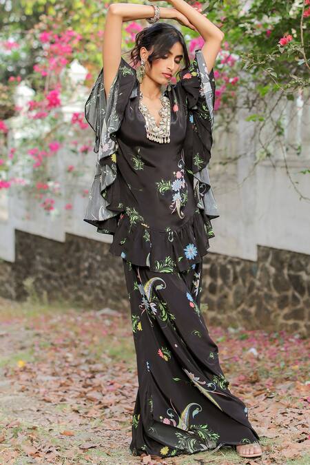 Foram Patel_Black Linen, Crepe Embroidery V-neck Shell Ruffled Kurta Pant Set_at_Aza_Fashions