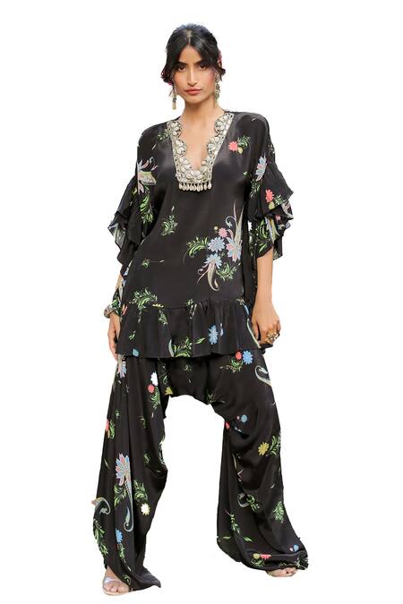 Buy_Foram Patel_Black Linen, Crepe Embroidery V-neck Shell Ruffled Kurta Pant Set