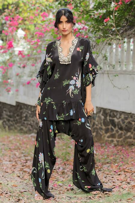 Shop_Foram Patel_Black Linen, Crepe Embroidery V-neck Shell Ruffled Kurta Pant Set