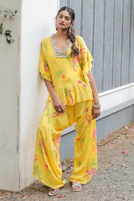 Foram Patel Yellow Natural Crepe Embroidered Cowrie Shell Printed Neckline Kurta Pant Set 